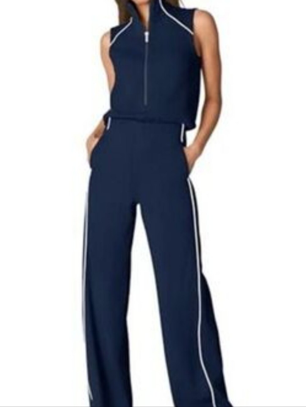 SPANX Navy Sleeveless Zip-Front Jumpsuit with White Piping